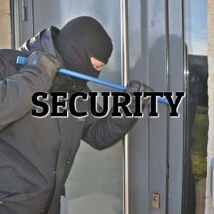 burglar breaking into a home. The word security over the picture