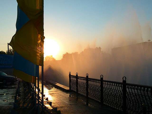 Sunset Fountains and flags - Shymkent Kazakhstan