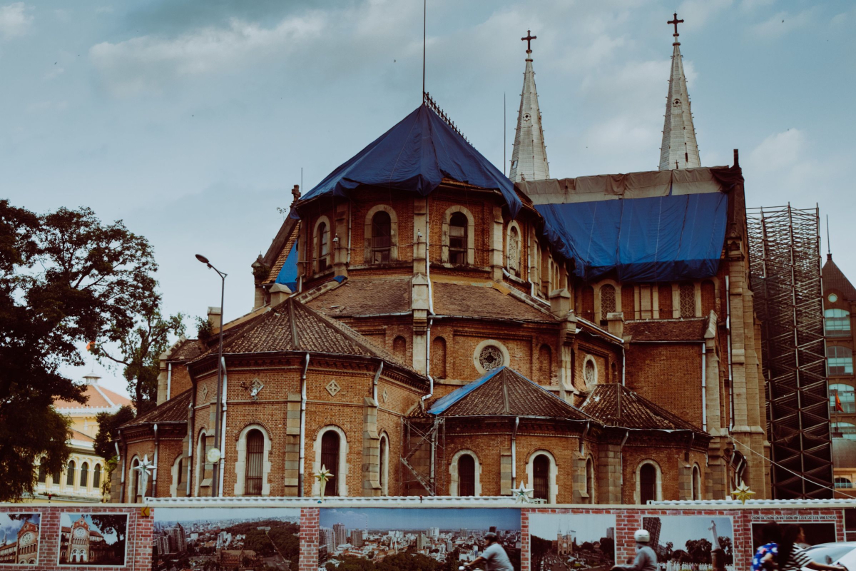 REar view of Saigons Cathedral with barricades due to renovations