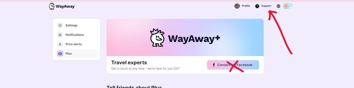 Screenshot showing how to access Customer Support on WayAway Plus