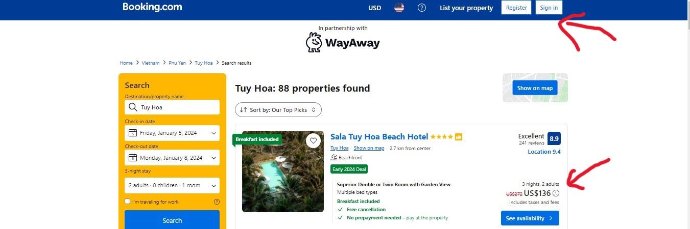 Screenshot of the Wayaway accommodation screen not signed into Booking.com