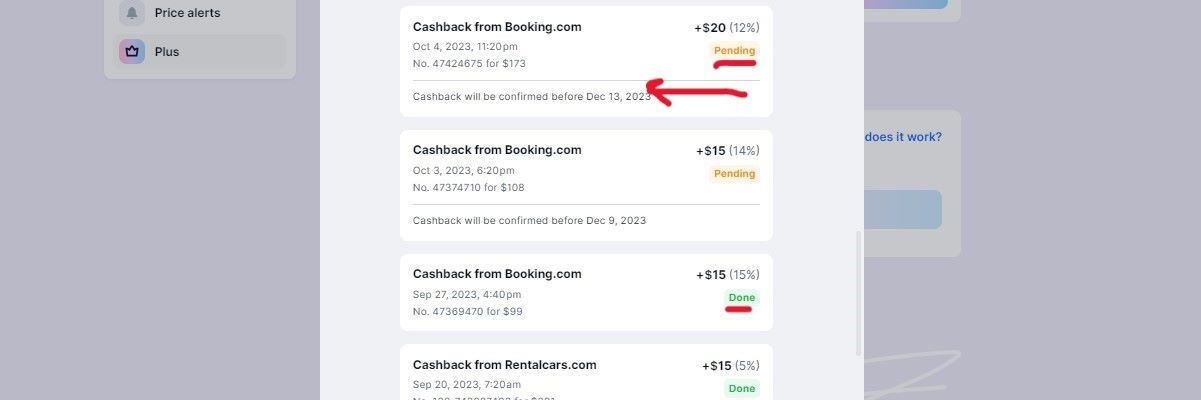 Screenshot showing the status of Cashback in WayAway Plus