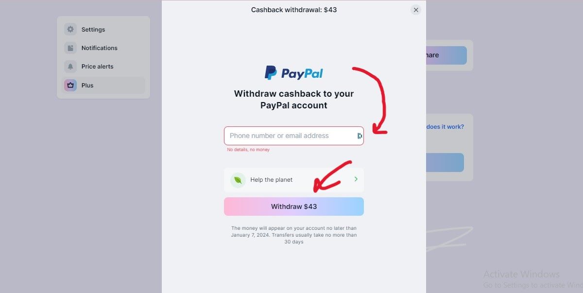 Screenshot showing how to withdraw cashback to Paypal