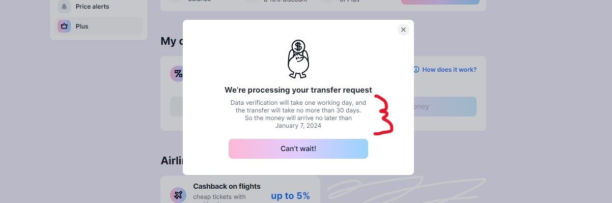 Screenshot showing message after you withdraw cashback in WayAway Plus