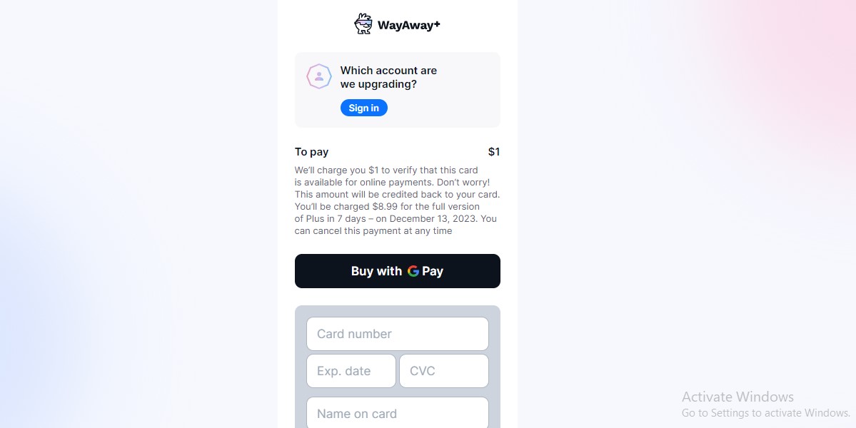 Screenshot of the payment screen for WayAway Plus before you sign in