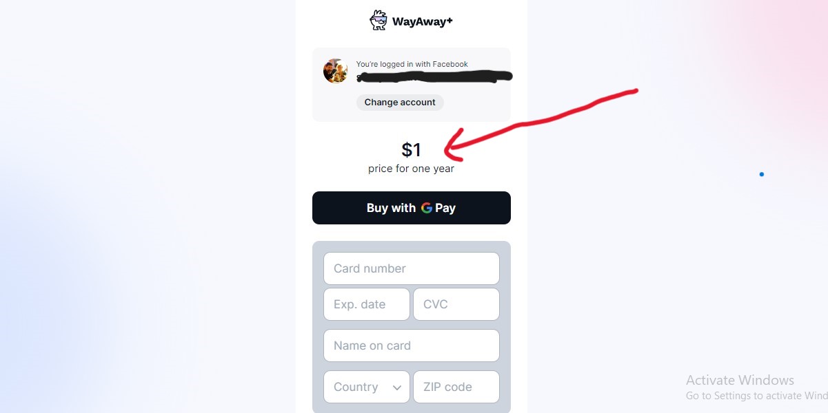 Screenshot of the payment page for WayAway Plus free trial