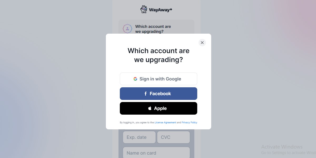 Choice of how to sign up for WayAway Plus - google, Facebook or Apple ID