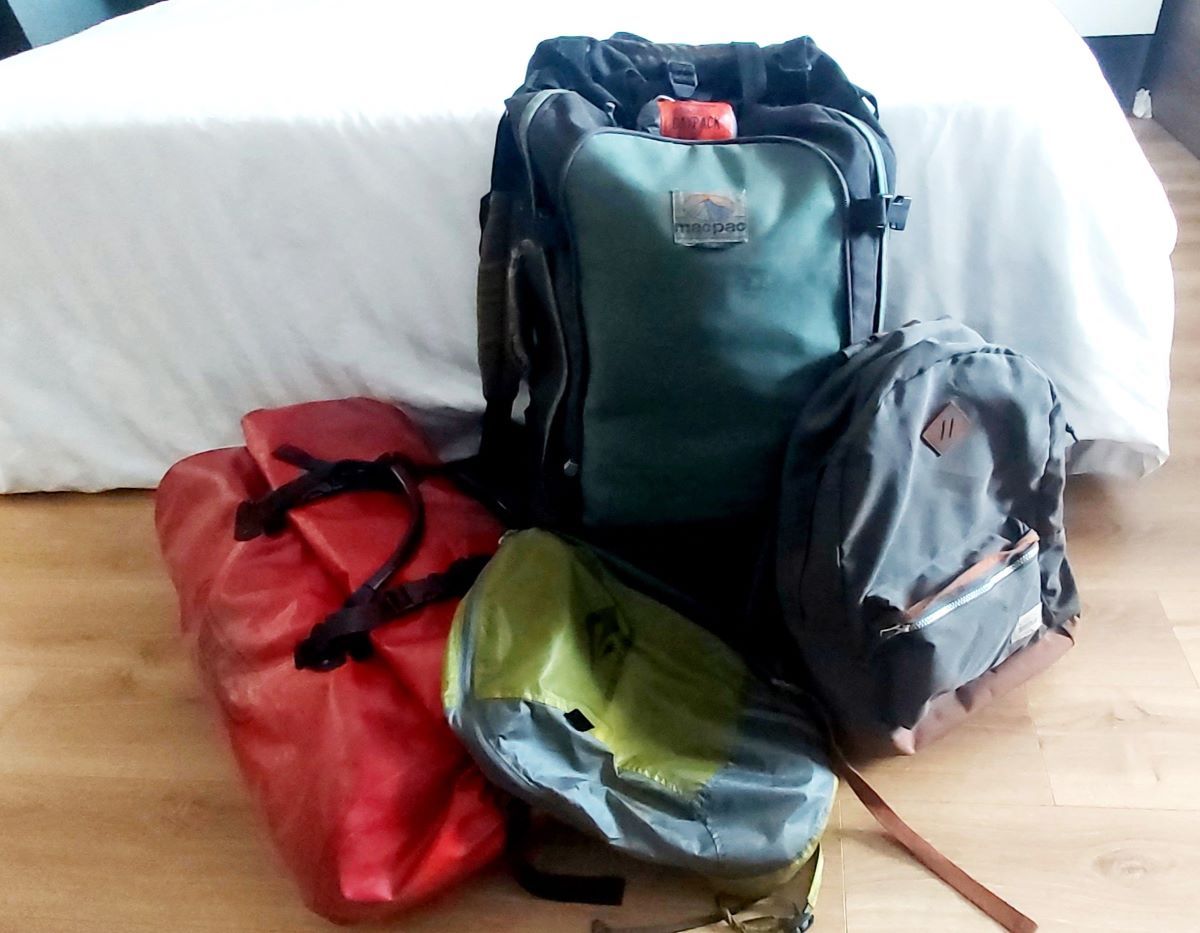 Luggage - 1 75 L MacPac, 1 x Ortleib 49 L Rack Pack, w day pack and two ultralight Se To Summit SIL day packs.