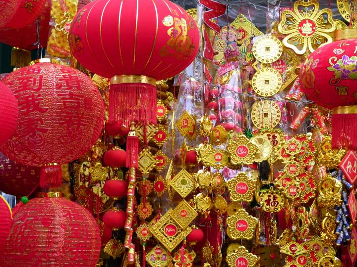 Tet Decorations in front of Specialty shops in District 5 (Chinatown) in Ho Chi Minh City.