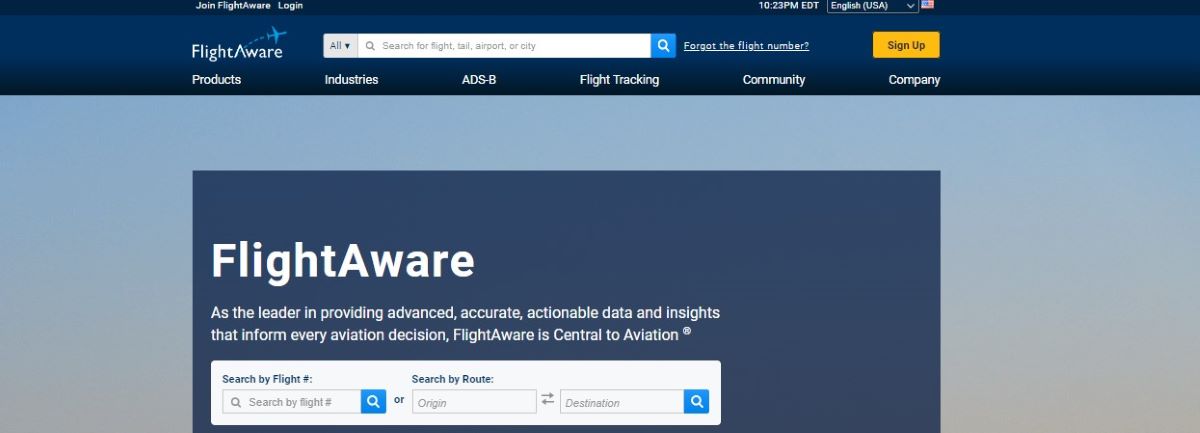 A screenshot of the flightaware homepage