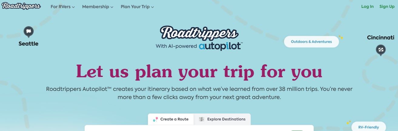 A screenshot of the roadtrippers page